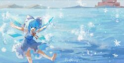 Rule 34 | 1girl, barefoot, blue dress, blue eyes, blue hair, bow, cirno, commentary, day, dress, foot out of frame, ge dazuo, hair bow, highres, lake, looking at viewer, medium hair, mountainous horizon, neck ribbon, open mouth, outdoors, pinafore dress, red ribbon, ribbon, shirt, short sleeves, sleeveless, sleeveless dress, smile, snowflakes, solo, touhou, water, white shirt, wings