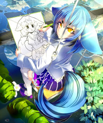Rule 34 | 1girl, animal ears, blue hair, blush stickers, bush, drawing, eyelashes, flower, from above, high heels, highres, light particles, light rays, long sleeves, looking at viewer, original, outdoors, oxykoma, pencil, pleated skirt, puddle, purple footwear, reflection, shirt, shoes, sitting, skirt, solo, swing, tail, thighhighs, tire, water, water drop, white shirt, white thighhighs, yellow eyes