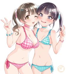 Rule 34 | 2girls, bikini, black hair, blue bikini, blue choker, blue ribbon, blush, bracelet, breasts, bright pupils, brown eyes, brown hair, cheek-to-cheek, choker, cleavage, commentary request, copyright request, cowboy shot, hair ribbon, hairband, hand up, heads together, jewelry, large breasts, looking at viewer, multiple girls, nail polish, navel, parted lips, pink bikini, pink choker, pink ribbon, purple eyes, ribbon, short hair, side-tie bikini bottom, simple background, skindentation, small breasts, smile, sweatdrop, swimsuit, tsukana (saba mizore), twintails, w, wavy mouth, white background, wide-eyed