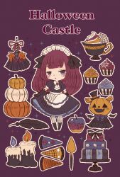Rule 34 | 1girl, apron, ascot, black dress, black footwear, black gloves, black ribbon, blue eyes, blue fire, brooch, cake, candle, cerika, cup, dress, english text, eyelashes, feathers, fire, food, full body, gloves, halloween, hat, highres, jewelry, layer cake, looking at viewer, maid headdress, original, outline, pantyhose, parted lips, pie, poison apple, pumpkin, purple background, ribbon, solo, sparkle, striped clothes, striped pantyhose, teacup, top hat, vertical-striped clothes, vertical-striped pantyhose, waist apron, white ascot, white outline