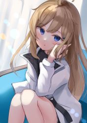 Rule 34 | 1girl, absurdres, ahoge, akinakesu-chan, black shirt, black shorts, blue eyes, brown hair, commentary request, hair ornament, hairclip, hand up, highres, jacket, knees up, long hair, long sleeves, looking at viewer, open clothes, open jacket, original, parted lips, puffy long sleeves, puffy sleeves, shirt, short shorts, shorts, solo, very long hair, white jacket