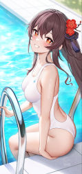 Rule 34 | 1girl, absurdres, ass, blush, breasts, brown hair, cleavage, competition swimsuit, fukuro daizi, genshin impact, grin, highres, hu tao (genshin impact), long hair, looking at viewer, medium breasts, one-piece swimsuit, orange eyes, sitting, smile, solo, swimsuit, wet