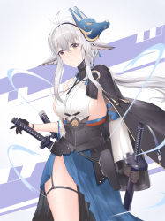 Rule 34 | 1girl, absurdres, animal ears, antenna hair, asymmetrical clothes, azur lane, bad id, bad pixiv id, black capelet, black choker, black gloves, blue skirt, breasts, capelet, choker, closed mouth, commentary, cowboy shot, detached sleeves, earrings, floppy ears, fox mask, garter straps, gloves, gradient eyes, hair between eyes, hakama, hakama short skirt, hakama skirt, half gloves, highres, holding, holding sword, holding weapon, japanese clothes, jewelry, kimono, large breasts, long hair, looking at viewer, mask, mask on head, multicolored eyes, pleated skirt, purple eyes, sakuramon, sheath, sheathed, side cape, side slit, sideboob, sidelocks, single bare shoulder, skirt, sleeveless, sleeveless kimono, solo, standing, sword, thigh strap, tosa (azur lane), weapon, white background, white kimono, white sleeves, yao yue tong, yellow eyes