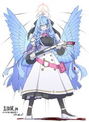 Rule 34 | 1girl, angel wings, belt, belt pouch, black ribbon, blood, blood drip, bloody weapon, blue archive, blue hair, blue wings, bow, bowtie, braid, breasts, buttons, commentary request, dr yamero, dress, full body, gloves, gown, green eyes, gun, hair ribbon, halo, hat, highres, holding, holding gun, holding weapon, juliet sleeves, large breasts, light blue hair, long sleeves, mine (blue archive), nurse cap, pink belt, pink bow, pink bowtie, pointy ears, pouch, puffy sleeves, ribbon, shotgun, solo, translation request, twin braids, weapon, white background, white dress, white gloves, white hat, winchester model 1887, wings