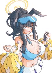 Rule 34 | 1girl, absurdres, animal ears, bare arms, bare shoulders, black hair, blue archive, blue eyes, blush, border, breasts, cheerleader, cleavage, collar, confetti, criss-cross halter, crop top, detached collar, dog ears, dog girl, dog tail, eyewear on head, goggles, goggles on head, halo, halterneck, hibiki (blue archive), hibiki (cheer squad) (blue archive), highres, holding, holding pom poms, large breasts, looking at viewer, millennium cheerleader outfit (blue archive), miniskirt, navel, official alternate costume, parted lips, pleated skirt, pom pom (cheerleading), pom poms, ponytail, sidelocks, skirt, solo, star sticker, sticker on face, stomach, sweat, tail, vann nico3, white border, white collar, white skirt, yellow halo