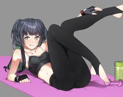 Rule 34 | 1girl, arm up, black bra, black gloves, black hair, blunt bangs, bra, breasts, bright pupils, brown eyes, clenched teeth, collarbone, commentary request, dumbbell, feet, fingerless gloves, gloves, green hair, grey background, idolmaster, idolmaster shiny colors, k52, looking at viewer, lying, mayuzumi fuyuko, multicolored hair, on back, pants, simple background, small breasts, solo, sports bra, stirrup legwear, sweat, teeth, toeless legwear, two-tone hair, two side up, underwear, white pupils, yoga pants