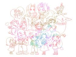 Rule 34 | 39cva, 4girls, aerith gainsborough, barret wallace, beard, blush, boots, cait sith (ff7), chibi, cid highwind, cloud strife, crown, everyone, facial hair, final fantasy, final fantasy vii, flower, flower necklace, goggles, goggles on head, hair flower, hair ornament, headband, heart, holding, holding flower, jewelry, lineart, marlene wallace, miniskirt, moogle, multiple boys, multiple girls, necklace, open mouth, red xiii, scar, scar on face, sephiroth, skirt, spiked hair, square enix, suspenders, tifa lockhart, vincent valentine, white background, yuffie kisaragi, zack fair