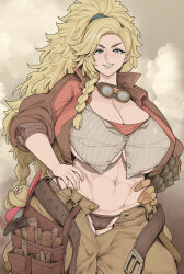 Rule 34 | 1girl, arm guards, asymmetrical gloves, blonde hair, blue eyes, blush, breasts, brown panties, buckle, cameltoe, character doll, cleft of venus, collarbone, contrapposto, cowboy shot, cropped jacket, gemma (monster hunter wilds), gloves, goggles, goggles around neck, grin, groin, hair ornament, hair scrunchie, half-closed eyes, hand on own hip, huge breasts, jacket, lapels, leather, leather jacket, leather pants, lips, long hair, long sleeves, looking at viewer, messy hair, midriff, monster hunter (series), monster hunter wilds, navel, nose blush, notched lapels, open clothes, open jacket, otogi tetsurou, outdoors, panties, pants, scrunchie, smile, standing, toned female, unbuttoned, unbuttoned pants, underboob, underwear, v-shaped eyebrows, very long hair, wide hips
