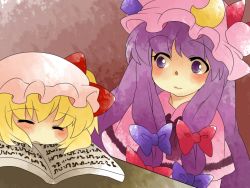 Rule 34 | 2girls, bad id, bad pixiv id, blonde hair, book, bow, comic, crescent, closed eyes, female focus, flandre scarlet, hair bow, hammer (sunset beach), hat, multiple girls, patchouli knowledge, purple eyes, purple hair, side ponytail, silent comic, sleeping, embodiment of scarlet devil, touhou, twintails