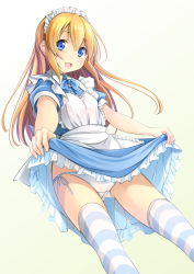 Rule 34 | 1girl, :d, apron, blonde hair, blue dress, blue eyes, blush, clothes lift, commentary, dress, frills, gradient background, hair between eyes, highres, horizontal-striped legwear, long hair, maid, maid apron, maid headdress, open mouth, original, panties, shibacha (shibacha 0728), short sleeves, side-tie panties, skirt, skirt lift, smile, solo, standing, striped clothes, striped thighhighs, thighhighs, underwear, white background, white panties