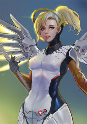 Rule 34 | 1girl, armor, blonde hair, blue background, blue eyes, bodysuit, breasts, brown legwear, cowboy shot, faulds, glint, gradient background, green background, halo, high ponytail, holding, holding staff, lion (dielion), lips, looking at viewer, mechanical halo, mechanical wings, medium breasts, mercy (overwatch), nose, overwatch, overwatch 1, parted lips, smile, solo, spread wings, staff, swiss flag, wings, yellow wings