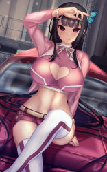 Rule 34 | 1girl, absurdly long hair, alternate costume, arm up, belt, black hair, blunt bangs, blush, branch, breasts, bug, butterfly, butterfly hair ornament, car, cleavage, cleavage cutout, clothing cutout, crop top, crossed legs, dutch angle, hair ornament, heart, highres, houraisan kaguya, insect, jeweled branch of hourai, large breasts, light smile, long hair, long sleeves, midriff, motor vehicle, nail polish, navel, parted lips, pink nails, red eyes, short shorts, shorts, shounen (hogehoge), shrug (clothing), sitting, sitting on car, solo, teeth, thighhighs, thighs, touhou, very long hair, white thighhighs