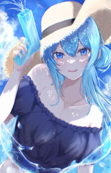 Rule 34 | 1girl, absurdres, arm up, bare shoulders, blue eyes, blue hair, blue nails, blue shirt, hair between eyes, hat, highres, holding, holding water gun, hololive, hoshimachi suisei, jewelry, light blush, long hair, looking at viewer, nail polish, necklace, nolc, off-shoulder shirt, off shoulder, open mouth, shirt, short sleeves, smile, solo, star (symbol), star necklace, straw hat, upper body, virtual youtuber, water gun