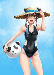 Rule 34 | 1girl, :d, bare shoulders, black hair, black one-piece swimsuit, collarbone, commentary, commission, covered navel, double bun, english commentary, fang, green eyes, hair between eyes, hair through headwear, hand on headwear, handa sasami, hat, highres, looking at viewer, one-piece swimsuit, open mouth, shuukan shounen hachi, smile, solo, straw hat, swimsuit, twrlare
