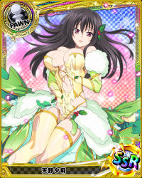 Rule 34 | 10s, 1girl, bare shoulders, black hair, breasts, card (medium), character name, chess piece, cleavage, covered erect nipples, dress, female focus, gloves, hair ornament, high school dxd, large breasts, long hair, official art, open mouth, parted lips, pawn (chess), pink eyes, raynare, solo, thighhighs, torn clothes, torn thighhighs, trading card