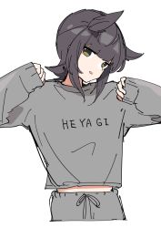 Rule 34 | 1girl, alternate costume, brown eyes, brown hair, clothes writing, grey pants, grey sweater, hair horns, hatsuzuki (kancolle), head tilt, highres, kantai collection, long sleeves, looking at viewer, midriff peek, open mouth, pants, sayuwan, simple background, sleeves past wrists, solo, sweater, white background