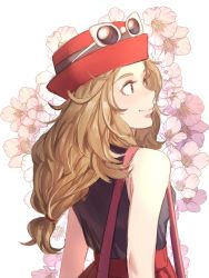 Rule 34 | 1girl, absurdres, bag, breasts, brown hair, commentary, creatures (company), english commentary, eyelashes, eyewear on head, floral background, from behind, game freak, handbag, hanny (uirusu chan), hat, high-waist skirt, highres, long hair, low-tied long hair, nintendo, pokemon, pokemon xy, red hair, red skirt, redrawn, serena (pokemon), skirt, sleeveless, small breasts, smile, solo, sunglasses, sunglasses on head, upper body, wavy hair, white-framed eyewear, white background