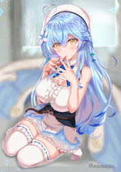 Rule 34 | 1girl, :o, ahoge, bare arms, bare shoulders, belt, belt buckle, blue hair, blue nails, blurry, blurry background, blush, braid, breasts, buckle, cleavage, cleavage cutout, clothing cutout, commentary request, dress, elf, fingers together, flower, french braid, frills, hair between eyes, hair flower, hair ornament, half updo, hat, heart, heart ahoge, highres, hololive, inui nakiru, large breasts, long hair, looking at viewer, nail polish, neck ribbon, pointy ears, ribbon, seiza, side braid, sitting, sleeveless, sleeveless dress, thighhighs, virtual youtuber, white hat, white thighhighs, yellow eyes, yukihana lamy, zettai ryouiki