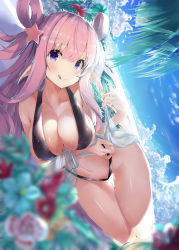 Rule 34 | 1girl, :q, arm across waist, bad id, bad pixiv id, bare shoulders, beach, bikini, black bikini, blurry, blurry foreground, blush, breasts, cleavage, cloud, collarbone, day, hair between eyes, hair ornament, hair rings, hand up, hatsune (princess connect!), highleg, highleg bikini, long hair, looking at viewer, lying, navel, noto kurumi, on side, outdoors, palm tree, pink hair, pointy ears, princess connect!, purple eyes, shade, shawl, skindentation, smile, solo, split mouth, star (symbol), star hair ornament, swimsuit, thighs, tongue, tongue out, tree, very long hair