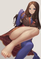 Rule 34 | 1girl, barefoot, blue eyes, blue gloves, blue thighhighs, blush, breasts, brown dress, brown hair, dress, elbow gloves, fate/grand order, fate (series), feet, forehead, gloves, highres, large breasts, legs, leonardo da vinci (fate), long hair, looking at viewer, parted bangs, puff and slash sleeves, puffy short sleeves, puffy sleeves, ranma (kamenrideroz), red skirt, short sleeves, skirt, solo, thighhighs, toes