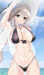 Rule 34 | 1girl, aquila (a sip of sardegnian elegance) (azur lane), aquila (azur lane), azur lane, bare shoulders, bikini, black bikini, black ribbon, blue sky, braid, breasts, center opening, cleavage, green eyes, hair between eyes, hat, highleg, highleg bikini, highres, jewelry, large breasts, long hair, looking at viewer, megumi kei, necklace, official alternate costume, pearl necklace, ribbon, signature, single braid, sky, smile, solo, sun hat, swimsuit, very long hair, white hat