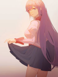 Rule 34 | 1girl, bakemonogatari, blue eyes, breasts, chinese commentary, closed mouth, collared shirt, commentary request, from side, gradient background, grey background, grey skirt, hair between eyes, highres, holding, holding clothes, holding skirt, j fang, juliet sleeves, lips, long hair, long sleeves, looking at viewer, looking to the side, monogatari (series), naoetsu high school uniform, pink shirt, puffy long sleeves, puffy sleeves, purple hair, school uniform, senjougahara hitagi, shirt, sidelocks, simple background, skirt, smile, solo, standing, white background
