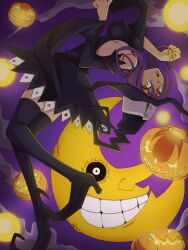 Rule 34 | 1girl, :o, bare shoulders, black dress, blair (soul eater), breasts, curly hair, dress, hat, large breasts, looking at viewer, moon, night, night sky, oo vis, open mouth, paw pose, pumpkin, purple eyes, sideboob, sky, soul eater, witch hat, yellow eyes