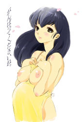 Rule 34 | 1girl, apron, breasts, ichi (capsule29), long hair, maison ikkoku, medium breasts, naked apron, nipples, otonashi kyouko, petals, pregnant, solo, translated