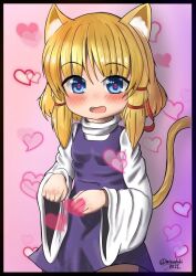 Rule 34 | 1girl, animal ears, black border, blonde hair, blue eyes, blush, border, cat ears, cat tail, commentary request, heart, long sleeves, looking at viewer, medium hair, moriya suwako, onkona minazuki, open mouth, pink background, purple vest, red pupils, shirt, signature, solo, tail, touhou, twitter username, vest, white shirt, wide sleeves