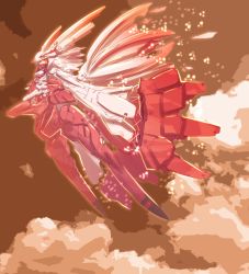 Rule 34 | 10s, 1girl, blonde hair, cloud, flying, half-closed eyes, japanese crested ibis (kemono friends), kemono friends, mecha, mecha musume, mechanical wings, multicolored hair, robot, sky, solo, two-tone hair, virtualcity-ex, white hair, wings