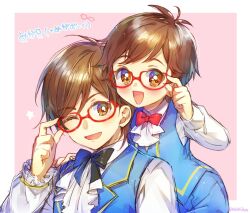 Rule 34 | 2boys, :d, ;d, adjusting eyewear, akai meganii, ascot, black bow, blue pants, blue vest, bow, brown eyes, brown hair, butler, character name, collared shirt, commentary request, glasses, hand up, long sleeves, looking at viewer, male focus, megaboy, multiple boys, one eye closed, open mouth, pants, pink background, pretty series, pripara, red-framed eyewear, red bow, semi-rimless eyewear, shirt, short hair, smile, star (symbol), touyama soboro, translation request, upper body, vest, white ascot, white shirt