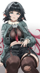 Rule 34 | 1girl, absurdres, animal ears, black hair, black pantyhose, black shorts, black thighhighs, blush, breasts, fingernails, fur-trimmed jacket, fur trim, green eyes, green jacket, hair between eyes, high-waist shorts, highres, jacket, jane doe (zenless zone zero), large breasts, long hair, looking at viewer, multicolored hair, nail polish, pantyhose, red hair, red nails, shirobako srbk, shorts, sidelocks, simple background, single leg pantyhose, single thighhigh, smile, solo, thighhighs, two-tone hair, zenless zone zero