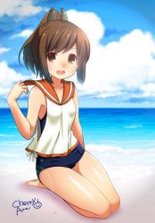 Rule 34 | 10s, 1girl, arai cherry, artist name, bare shoulders, barefoot, beach, brown eyes, brown hair, collarbone, day, hair ornament, i-401 (kancolle), kantai collection, lens flare, looking at viewer, open mouth, outdoors, ponytail, sailor collar, sand, school swimsuit, seiza, short hair, sitting, sleeveless, smile, solo, swimsuit, swimsuit under clothes
