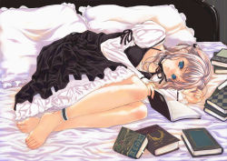 Rule 34 | barefoot, bed, blue eyes, book, dress, feet, frills, legs, lying, mikazukimo, open book, pillow, reading, silver hair, solo, toes