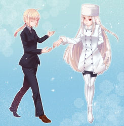 Rule 34 | 2girls, ahoge, artoria pendragon (all), artoria pendragon (fate), bad id, bad pixiv id, black legwear, blonde hair, boots, eyelashes, closed eyes, fate/zero, fate (series), formal, irisviel von einzbern, long hair, multiple girls, pant suit, pants, pantyhose, ponytail, red eyes, rokic, saber (fate), suit, thigh boots, thighhighs