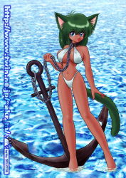 Rule 34 | 1girl, animal ears, bikini, blue eyes, breasts, cat ears, cat tail, chain, collar, green hair, halterneck, high cut, large breasts, looking at viewer, outdoors, short hair, solo, swimsuit, tail