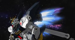 Rule 34 | char&#039;s counterattack, from side, glowing, glowing eye, green eyes, gundam, highres, korean commentary, looking ahead, mecha, mobile suit, no humans, nu gundam, robot, solo, space, thrusters, toilobo, v-fin