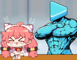 Rule 34 | &gt; &lt;, 1boy, 1girl, :3, abs, ahoge, bell, collar, commentary request, crying, flying sweatdrops, highres, hololive, jingle bell, logo, low twintails, matarou (matarou072), messy hair, muscular, muscular male, neck bell, nude, prison clothes, sakura miko, shirt, signing, striped clothes, striped headwear, striped shirt, tears, twintails, virtual youtuber