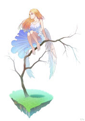 Rule 34 | 04sora40, 1girl, absurdres, angel, angel wings, bare tree, barefoot, blonde hair, breasts, cleavage, dress, full body, grass, highres, in tree, looking to the side, original, red eyes, sleeveless, sleeveless dress, solo, tree, white dress, white wings, wind, wings
