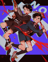 Rule 34 | 2boys, animification, axe, black footwear, black hair, black necktie, black shorts, black socks, blood, blood on clothes, blood on face, blue eyes, blue shorts, character name, closed mouth, collared shirt, english text, gun, highres, holding, holding axe, holding gun, holding weapon, jacket, long sleeves, looking at another, multiple boys, multiple persona, necktie, number five (the umbrella academy), open clothes, open jacket, qin (7833198), school uniform, shirt, shoes, short hair, shorts, smile, socks, sweater, the umbrella academy, weapon, white shirt