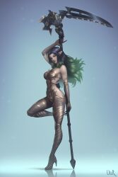 Rule 34 | 1girl, arm up, black eyes, black hair, breasts, colored skin, elbow gloves, elezen, elf, final fantasy, final fantasy xiv, gloves, gradient background, gradient hair, green lips, grey hair, grey skin, high heels, highres, holding, holding scythe, large breasts, leotard, lips, long hair, looking at viewer, multicolored hair, omega-f, omega (final fantasy), pointy ears, scythe, solo, standing, ullr, warrior of light (ff14)