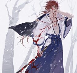 Rule 34 | 1boy, absurdres, alternate hair length, alternate hairstyle, amagi rinne, bead necklace, beads, black cape, blood, blood on clothes, blood on face, blood on hands, bloody weapon, blue hakama, cape, earrings, ensemble stars!, floating clothes, floating hair, forest, fur-trimmed cape, fur trim, hair between eyes, hakama, hand up, haori himo, highres, hiirorinne, holding, holding sword, holding weapon, japanese clothes, jewelry, katana, kimono, long hair, looking at viewer, low ponytail, male focus, motion blur, nature, necklace, outdoors, parted lips, pectorals, ponytail, red hair, snowing, solo, standing, sword, tooth necklace, very long hair, weapon, white kimono, wind, winter, wiping blood, wiping face