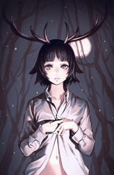 Rule 34 | 1girl, :o, antlers, bare tree, black hair, blunt bangs, blush, collared shirt, dress shirt, expressionless, full moon, hands on own chest, highres, horns, ilya kuvshinov, lips, long sleeves, looking at viewer, moon, moonlight, navel, night, night sky, original, outdoors, parted lips, plant, purple eyes, shirt, short hair, sky, snowing, solo, stomach, teeth, tree, white shirt
