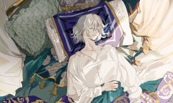 Rule 34 | 1boy, alchemy stars, bed, blanket, buttons, closed eyes, grey hair, kyouichi, long sleeves, male focus, matthieu (alchemy stars), parted lips, pillow, shirt, short hair, sleeping, solo, under covers, upper body, white shirt