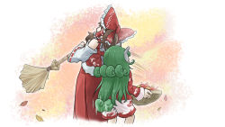 Rule 34 | 2girls, aqua hair, basket, bow, broom, brown hair, chamaji, cloud print, commentary request, curly hair, detached sleeves, frilled bow, frills, from behind, hair bow, hair tubes, hakurei reimu, holding, holding basket, holding broom, horns, kariyushi shirt, komano aunn, leaf, long hair, medium hair, motion lines, multiple girls, nontraditional miko, poking, red bow, red shirt, ribbon trim, shirt, shorts, sidelocks, tail, touhou, wide sleeves