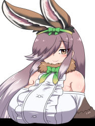 Rule 34 | 1girl, animal ears, bare shoulders, blush, breasts, brown hair, center frills, european hare (kemono friends), extra ears, frilled shirt, frills, fur-trimmed sleeves, fur collar, fur trim, gradient hair, green ribbon, highres, huge breasts, kemono friends, long hair, looking at viewer, mo23, multicolored hair, rabbit ears, rabbit girl, ribbon, shirt, smile, solo, two-tone hair, white hair