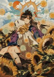 Rule 34 | 1girl, bell, blue sky, brown hair, brown socks, character request, closed mouth, cloud, commentary request, day, flower, halo, halo behind head, hand fan, highres, holding, holding fan, long hair, long sleeves, one eye closed, onmyoji, outdoors, pinwheel, sitting, sky, socks, solo, sunflower, teruterubouzu, tsubonari, yellow eyes, yellow theme