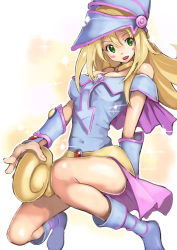 Rule 34 | 1girl, absurdres, bare shoulders, blonde hair, blush, boots, breasts, dark magician girl, duel monster, green eyes, hat, highres, large breasts, long hair, looking at viewer, maechuu, magical girl, solo, wizard hat, yu-gi-oh!