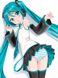 Rule 34 | 1girl, aqua eyes, aqua hair, detached sleeves, from behind, hatsune miku, headphones, highres, kimagure blue, long hair, necktie, open mouth, panties, pantyshot, solo, striped clothes, striped panties, thighhighs, twintails, underwear, very long hair, vocaloid