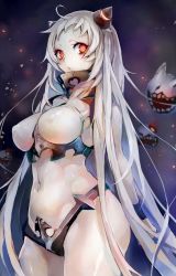Rule 34 | 10s, 1girl, abyssal ship, airfield princess, animal ears, bodysuit, breasts, bright pupils, cat ears, cat girl, colored skin, covered erect nipples, covered navel, female focus, highres, horns, kantai collection, large breasts, long hair, looking at viewer, navel, oni horns, red eyes, solo, taishi (picchiridou), very long hair, white hair, white skin